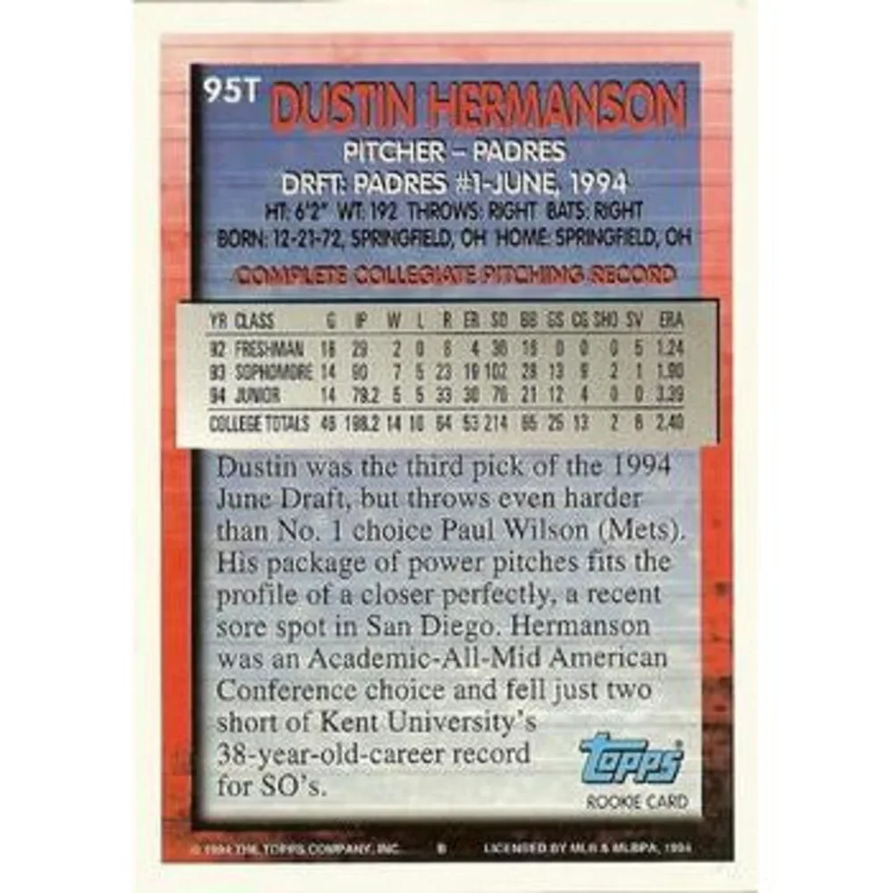 1994 Topps Traded Dustin Hermanson DPK, RC 95T San Diego Padres